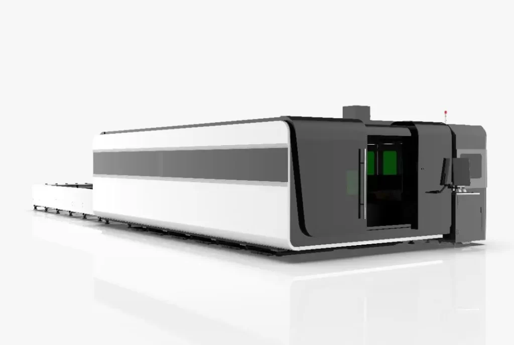 Image depicting a high-powered 3KW fiber optic metal laser cutting machine in adelaide, featuring a robust design with white and gray panels and protective green windows.