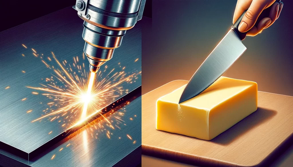 On the left, a metal laser cutting tool emits sparks as it cuts through a steel plate, symbolizing precision and power. On the right, a hand precisely slices through a block of butter with a kitchen knife, representing the finesse and accuracy of Right Laser Cut's services.