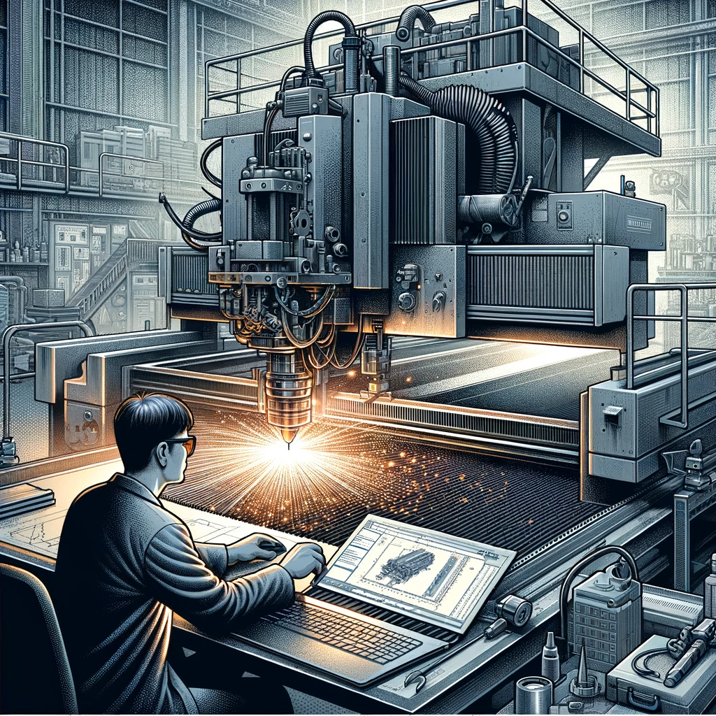 An illustration of a metal laser cutting machine in action, with a visible laser beam cutting through metal, emitting sparks and smoke. A man is programming the process on a computer using CAD software, surrounded by engineering tools in a workshop.