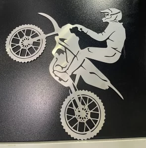 Intricate laser-cut motocross bike wall art by Right Laser Cut in Adelaide.