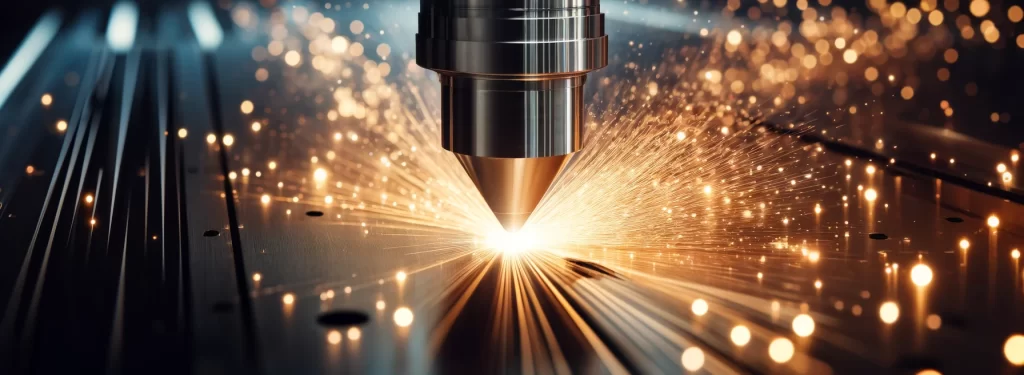 Close-up view of a high-precision laser cutting nozzle operating in Adelaide, showing sparks as it precisely cuts through metal, demonstrating advanced laser cutting technology.