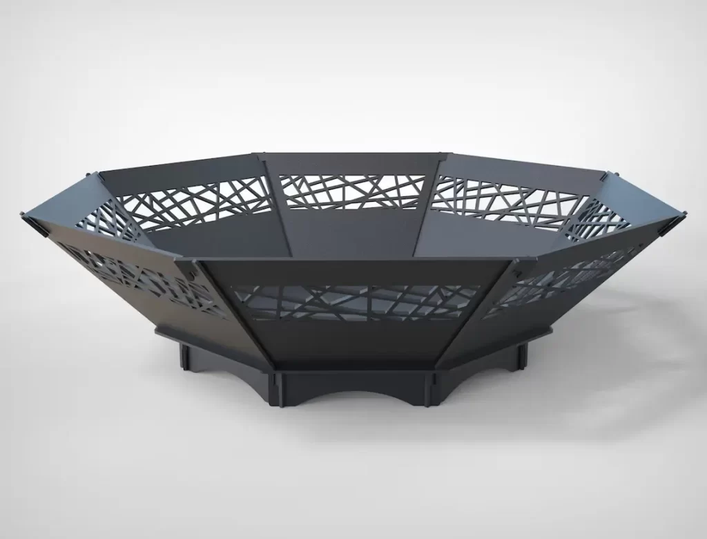 Hexagonal firepit crafted by Right Laser Cut, displaying its unique geometric design and warm, inviting flames, perfect for enhancing any outdoor space.