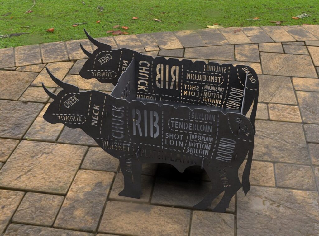 Cow-themed firepit by Right Laser Cut, featuring detailed cow cutouts that create a warm and inviting glow, adding a touch of rustic charm to any outdoor space.