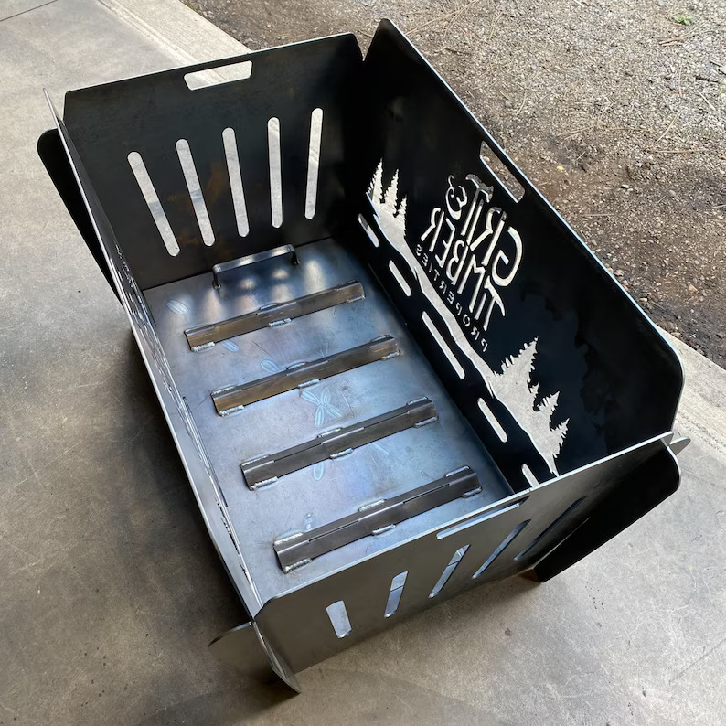 Collapsible firepit by Right Laser Cut, designed for easy assembly and portability, featuring sturdy construction and a compact design for convenient outdoor use.