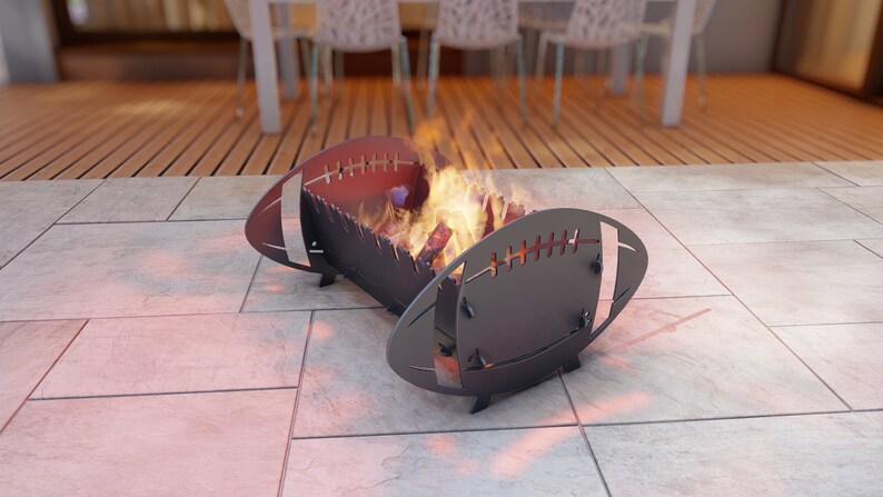 Rugby or Australian footie themed firepit by Right Laser Cut, featuring intricate cutouts of sports icons, creating a warm and engaging centerpiece for outdoor gatherings.