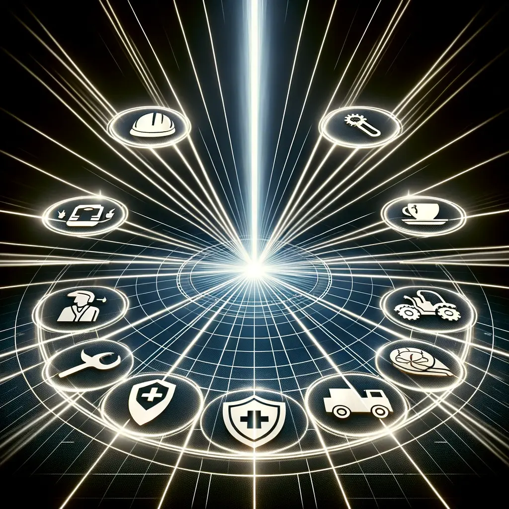 Futuristic representation of various industry icons connected by light beams.